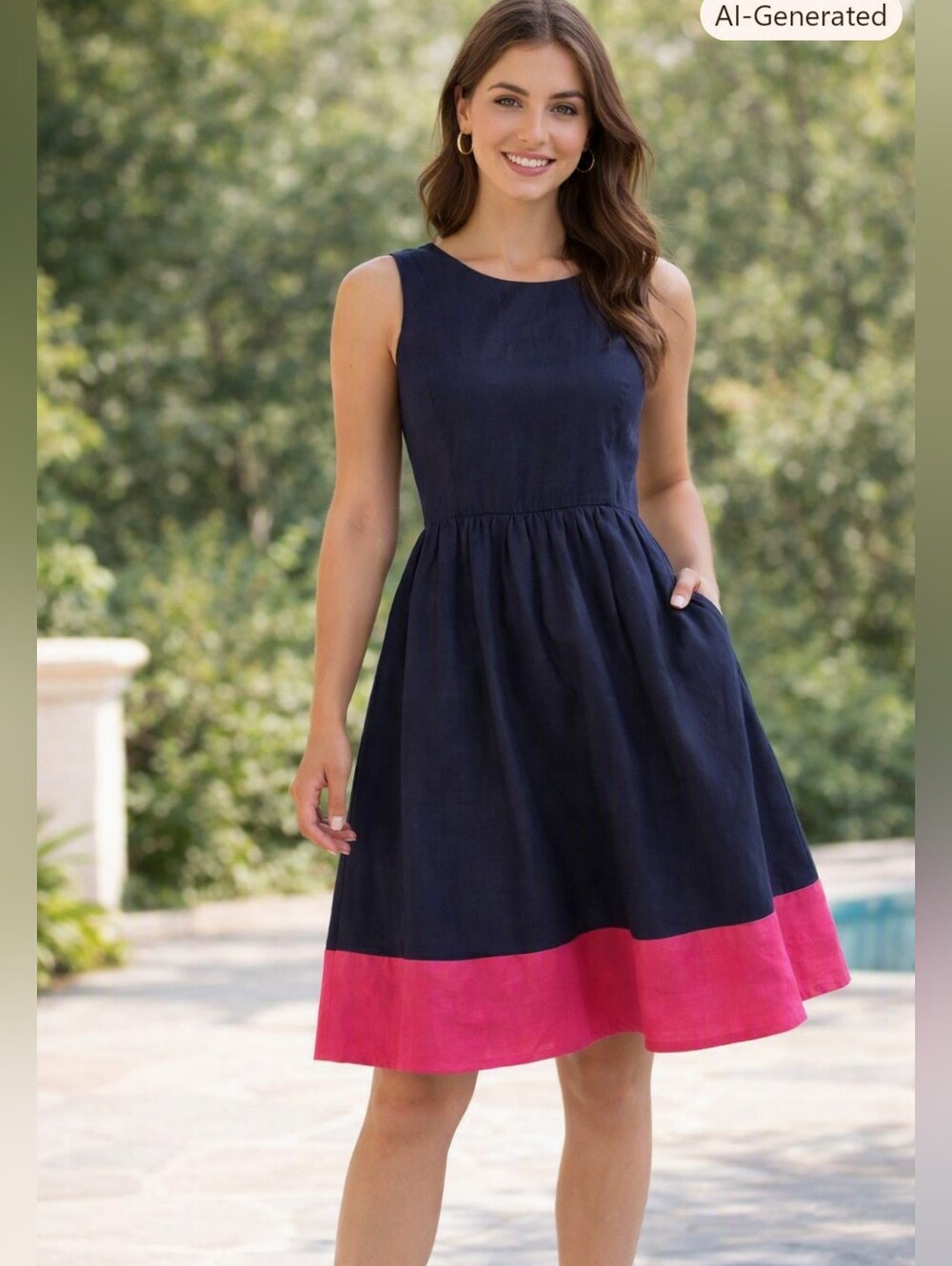 Neiman Marcus Linen Navy Pink Sleeveless Summer Dress Preppy Size M